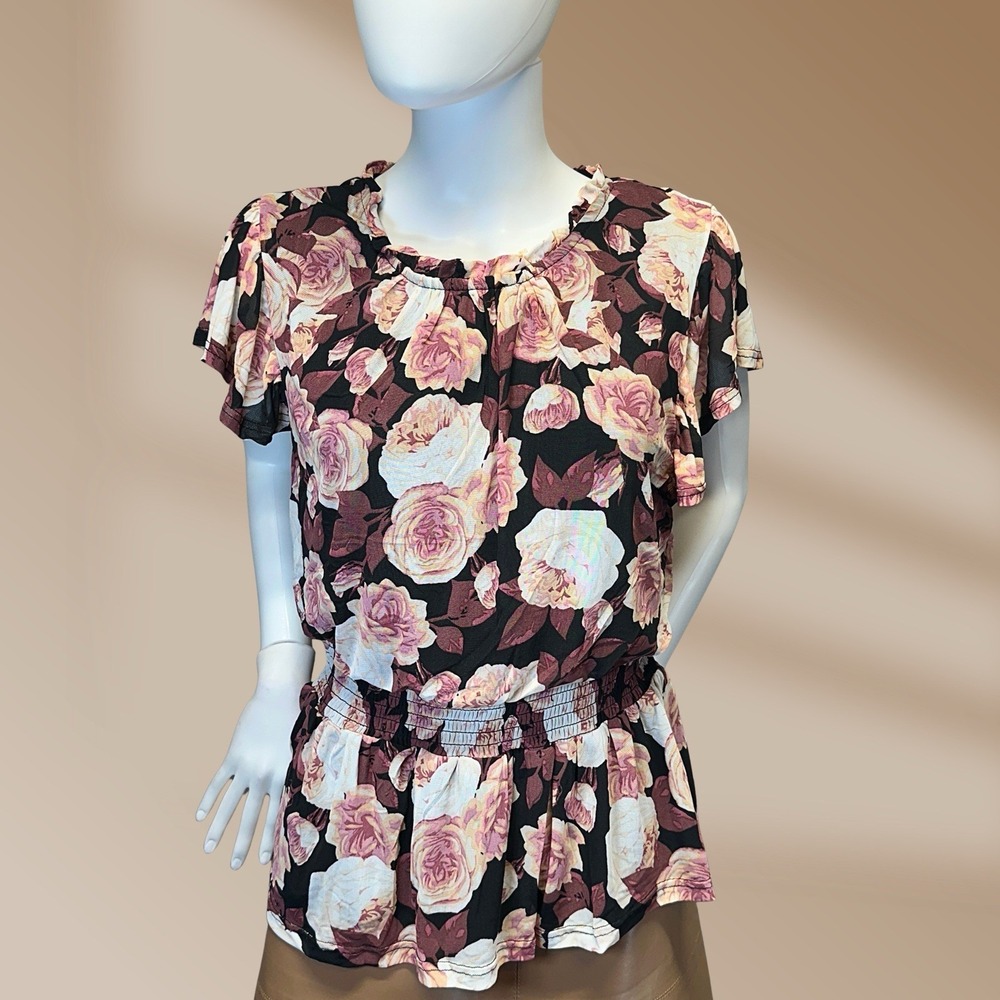 So It Is Women's Elastic Waist Black Pink Floral Flutter Sleeve Blouse Sz XL NWT